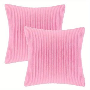 Soft Corduroy Striped Velvet Square Decorative Throw Pillow Cusion For Couch, 20" x 20", Pink, 2 Pack