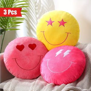 3 Pcs 16 Inch Face Emoticon Cushion Stuffed Plush Pillow, 3D Round Throw Pillows With Embroidery Pattern Cute Round Floor Cushion Decorative Plush Throw Pillows For Car, Bed, Couch, Sofa, Office Home